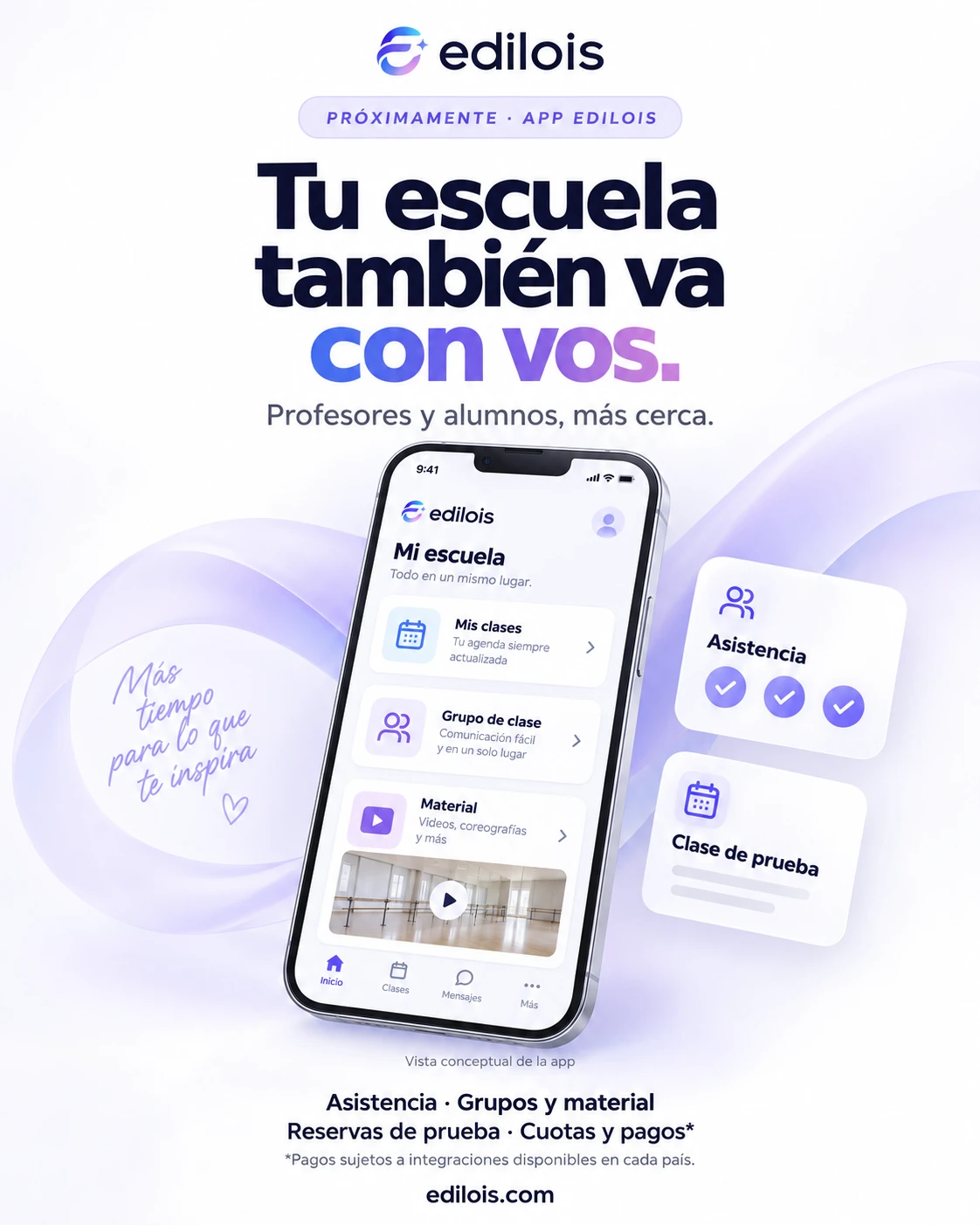 Próximamente, App Edilois: Tu escuela también va con vos. Vista conceptual de la app con clases, grupos, material, asistencia y reservas de prueba.